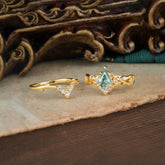 Luxury Vintage 5-Prong Kite-Cut Moss Agate Engagement Ring Set